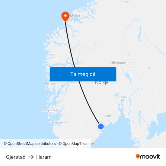 Gjerstad to Haram map