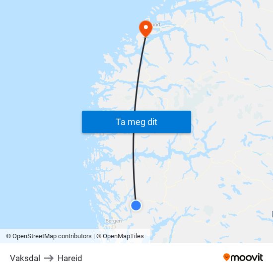 Vaksdal to Hareid map