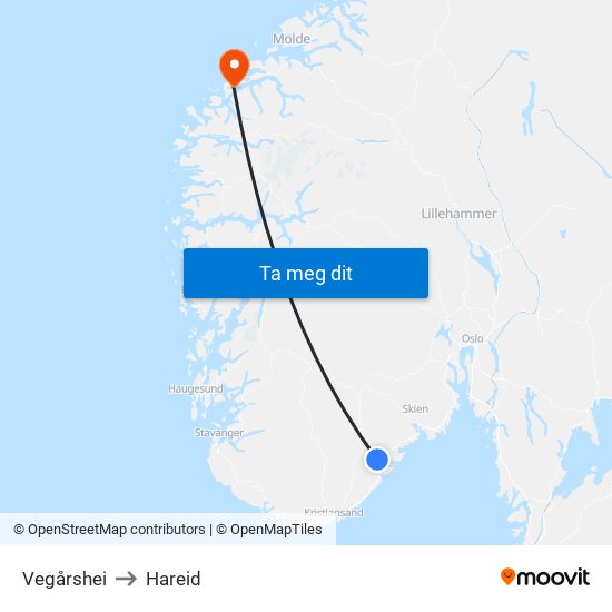 Vegårshei to Hareid map