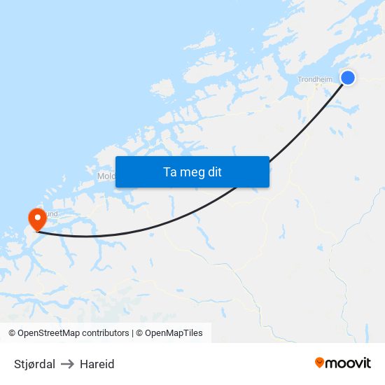 Stjørdal to Hareid map