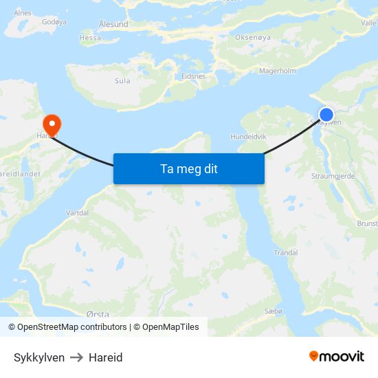 Sykkylven to Hareid map