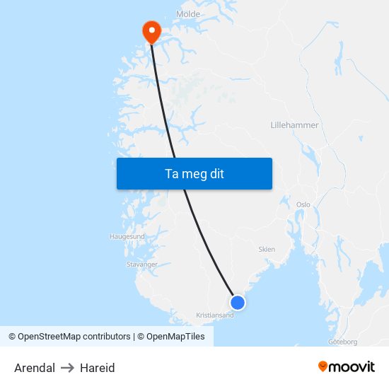 Arendal to Hareid map