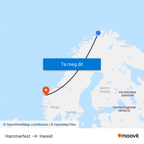Hammerfest to Hareid map