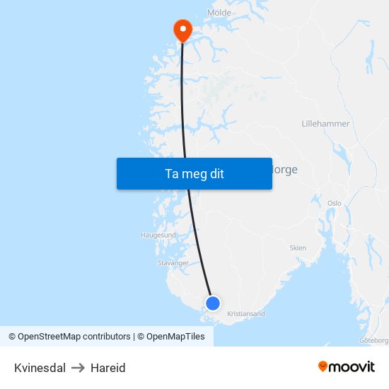 Kvinesdal to Hareid map