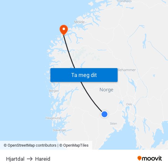 Hjartdal to Hareid map