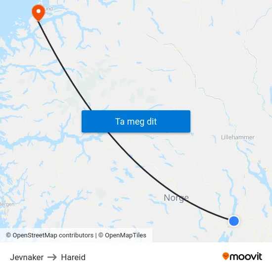 Jevnaker to Hareid map