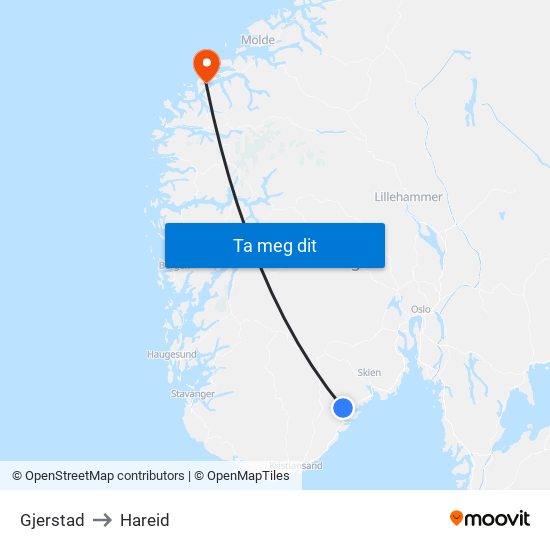 Gjerstad to Hareid map