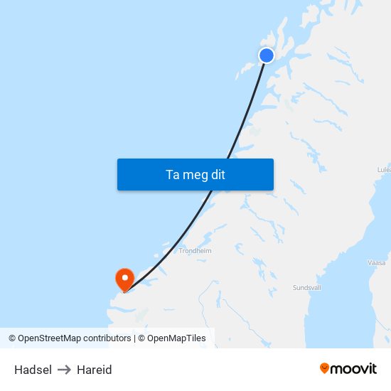 Hadsel to Hareid map