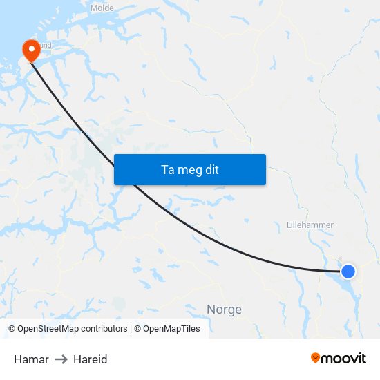 Hamar to Hareid map