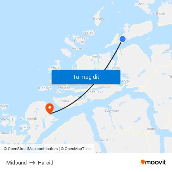 Midsund to Hareid map
