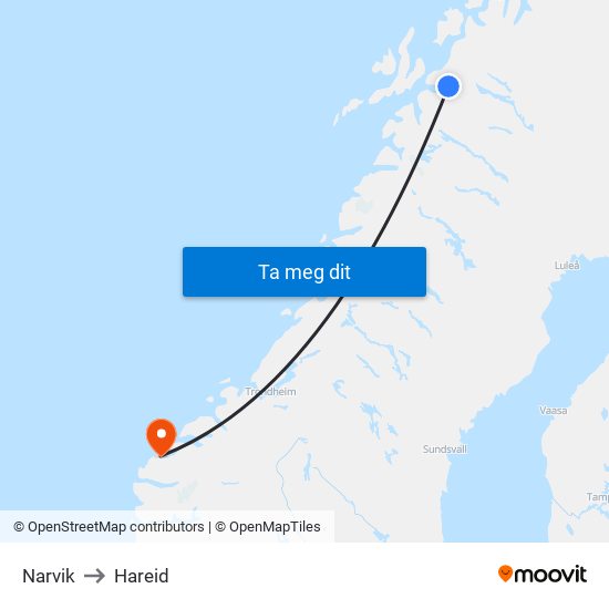 Narvik to Hareid map