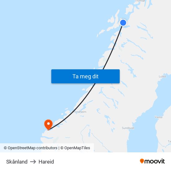 Skånland to Hareid map