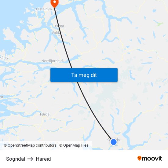 Sogndal to Hareid map