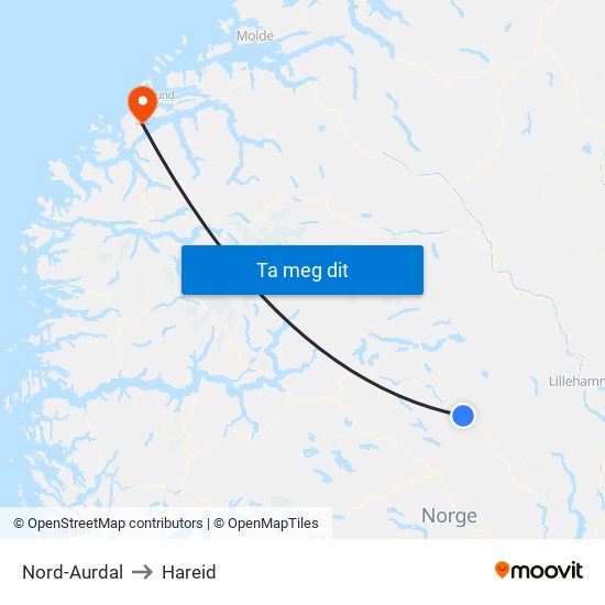 Nord-Aurdal to Hareid map