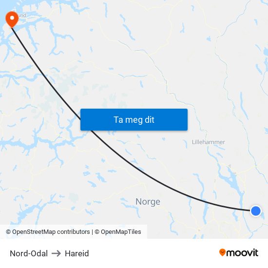 Nord-Odal to Hareid map