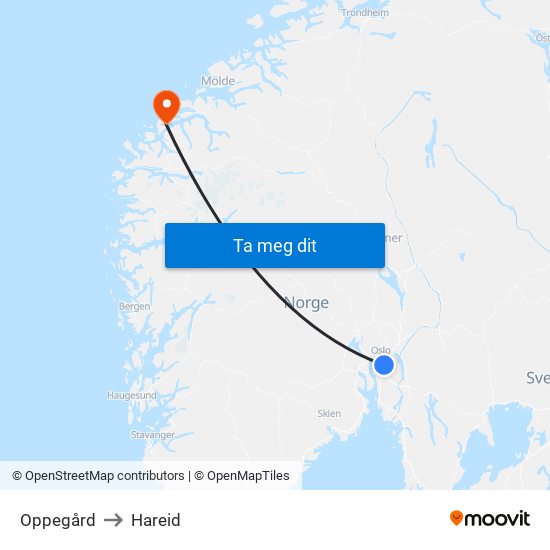 Oppegård to Hareid map