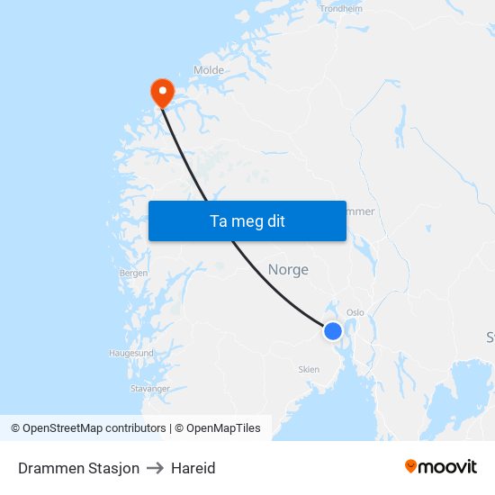 Drammen Stasjon to Hareid map