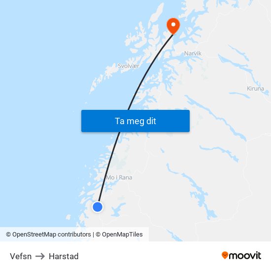 Vefsn to Harstad map