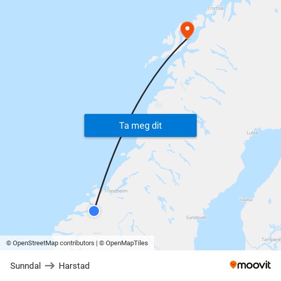 Sunndal to Harstad map