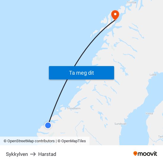 Sykkylven to Harstad map