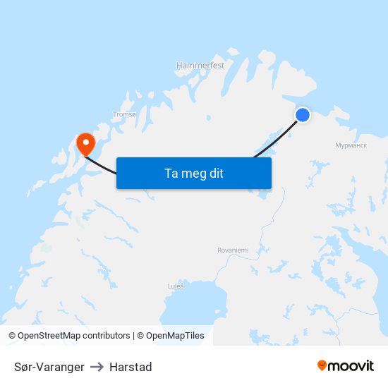 Sør-Varanger to Harstad map