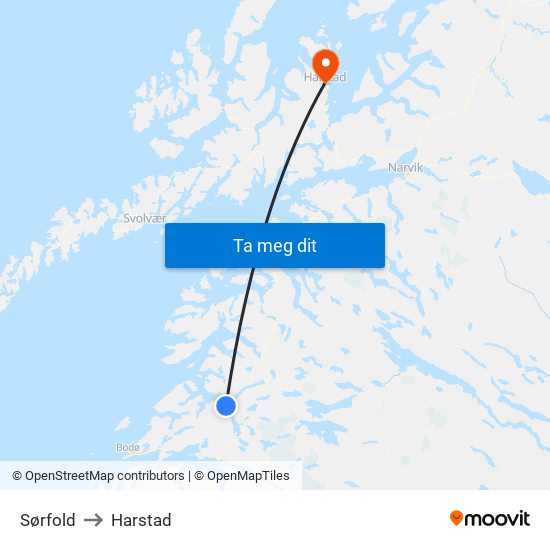 Sørfold to Harstad map