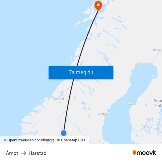 Åmot to Harstad map