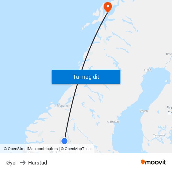 Øyer to Harstad map