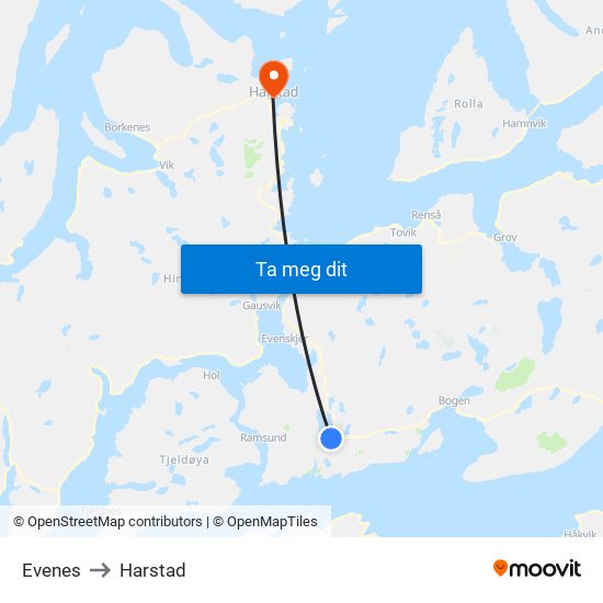 Evenes to Harstad map