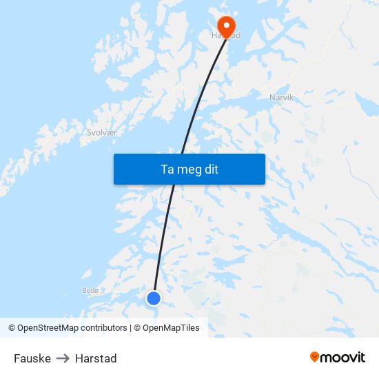 Fauske to Harstad map