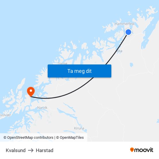 Kvalsund to Harstad map