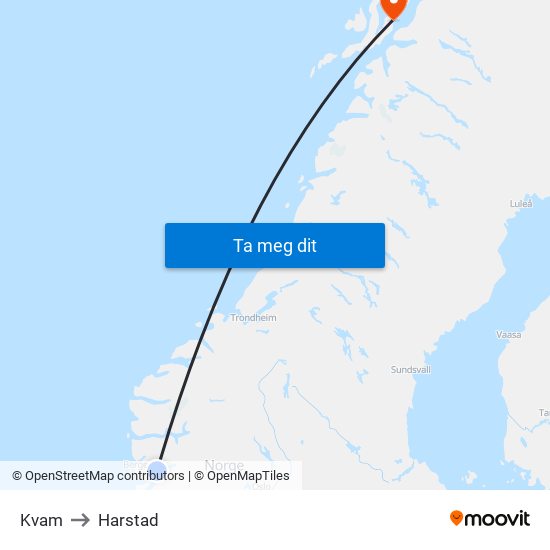 Kvam to Harstad map