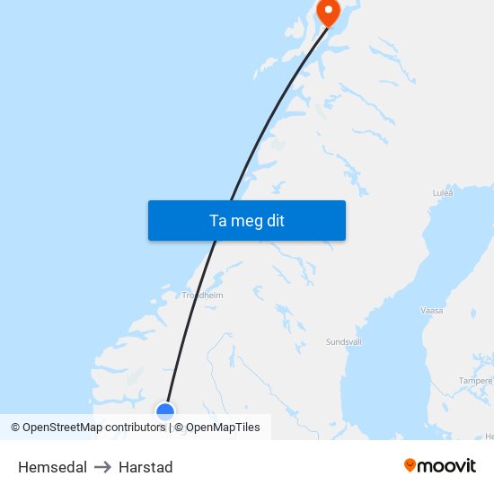 Hemsedal to Harstad map