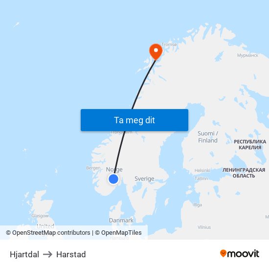 Hjartdal to Harstad map