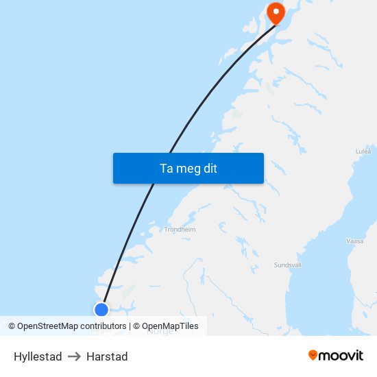 Hyllestad to Harstad map