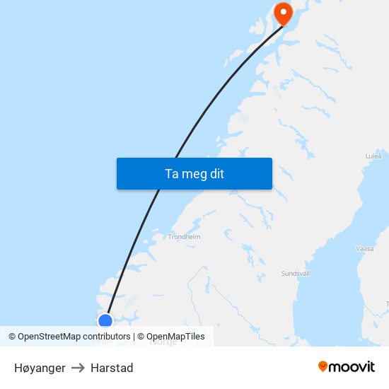 Høyanger to Harstad map