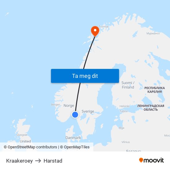 Kraakeroey to Harstad map