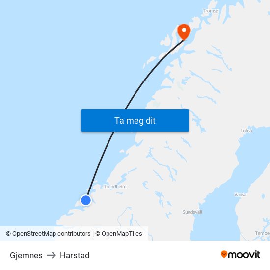 Gjemnes to Harstad map