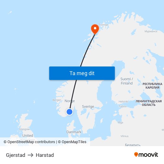 Gjerstad to Harstad map