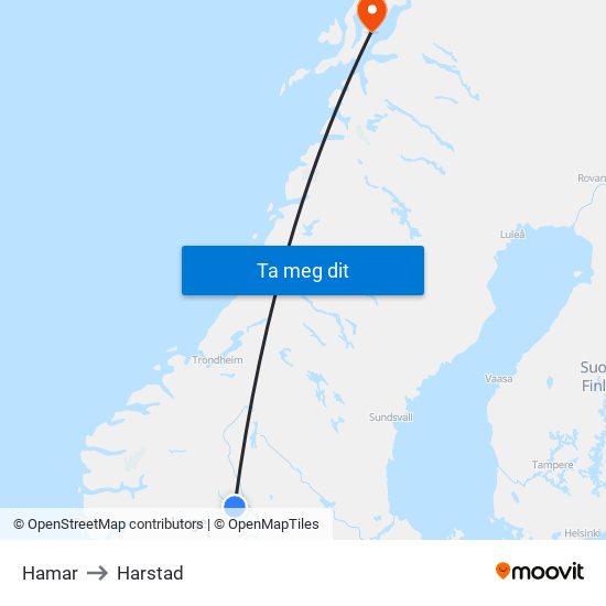 Hamar to Harstad map