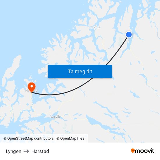 Lyngen to Harstad map