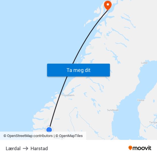 Lærdal to Harstad map