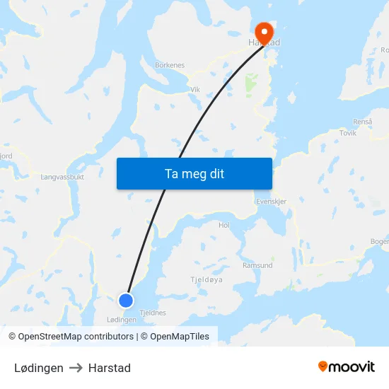 Lødingen to Harstad map