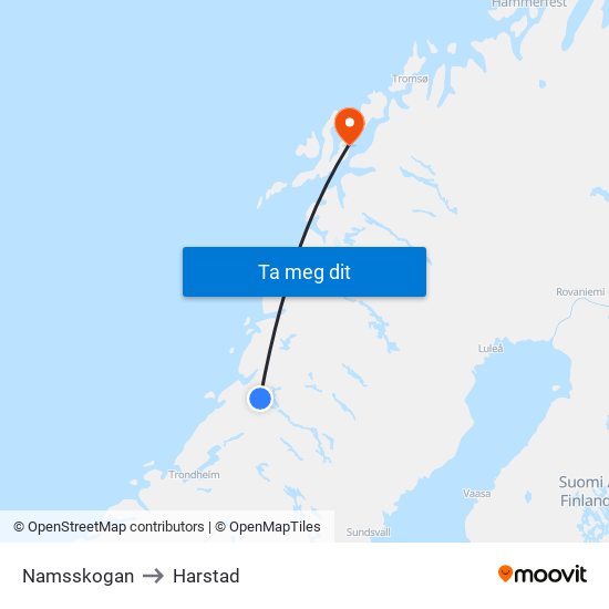 Namsskogan to Harstad map