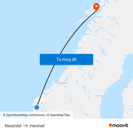 Naustdal to Harstad map
