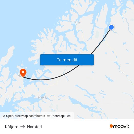 Kåfjord to Harstad map