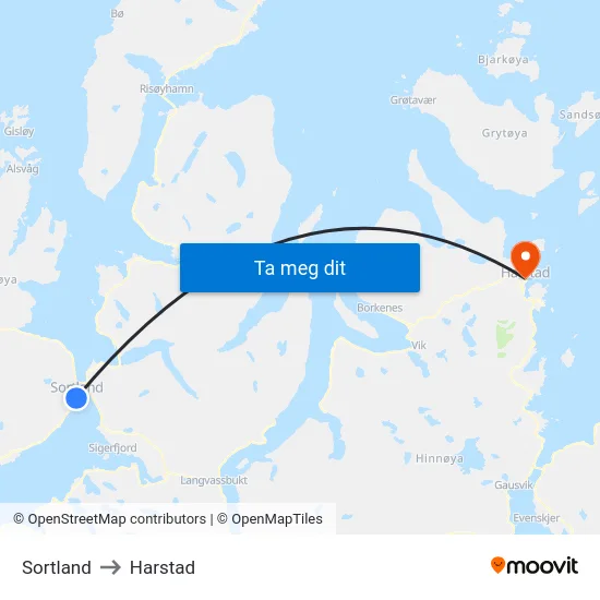 Sortland to Harstad map