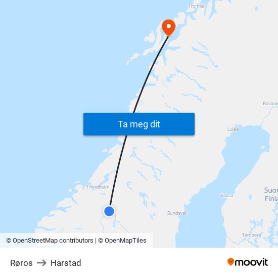 Røros to Harstad map