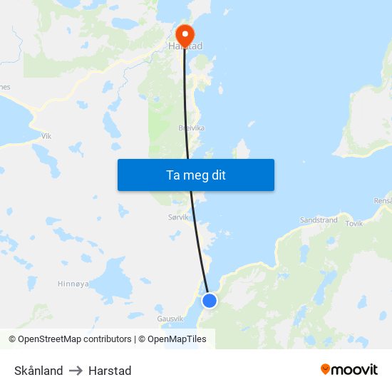 Skånland to Harstad map