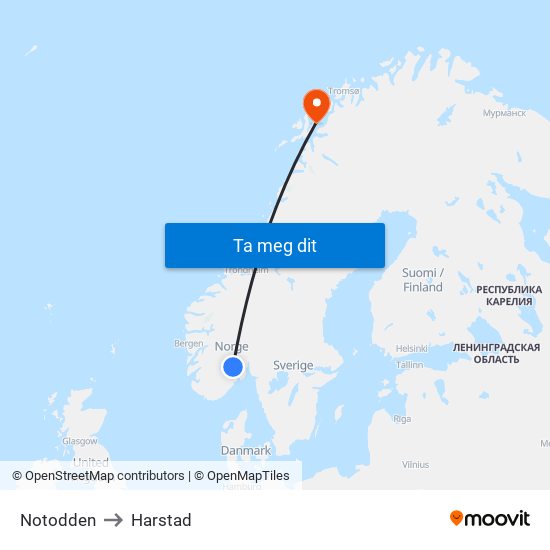 Notodden to Harstad map